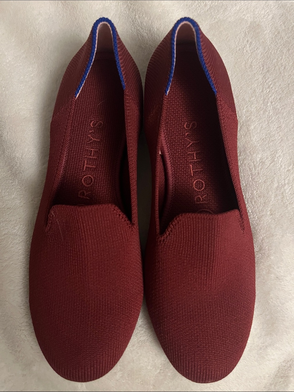 Rothy's Burgundy Knit Slip-On Flats with Blue Trim